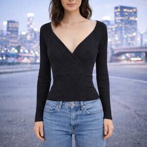 Rave Black  Vintage Y2K Ribbed KNit Faux Wrap Crop Top *Small